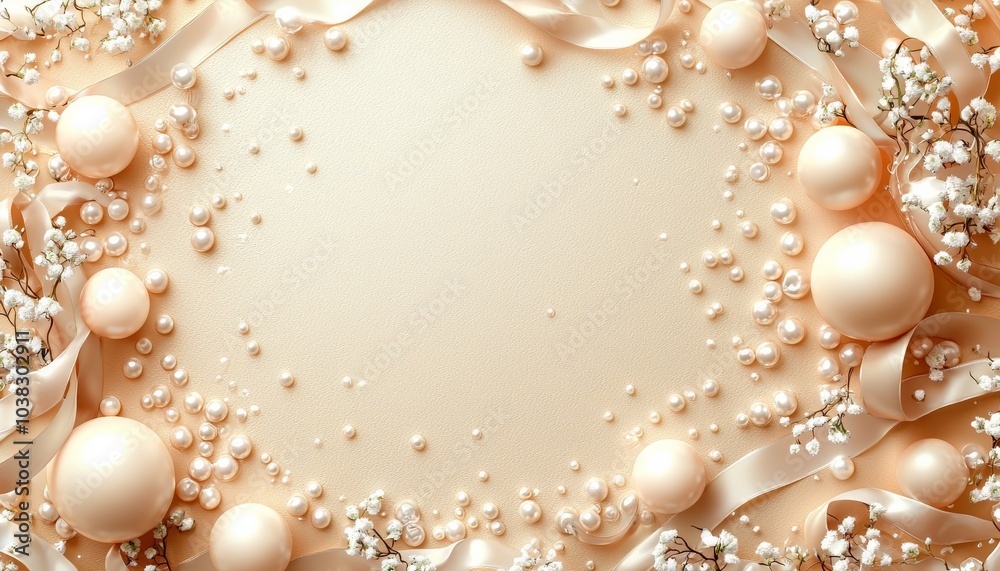 Elegant, soft background adorned with pearls and ribbons, creating a luxurious, decorative frame suitable for invitations or announcements. Elegant, soft background adorned with pearls and ribbons, creating a luxurious, decorative frame suitable for invitations or announcements.