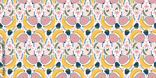 Charming seamless pattern featuring bananas, figs, blackberries, white strawberries, pink flowers, and green leaves. Modern, organic vector style with flat colors and a fun, childlike aesthetic.