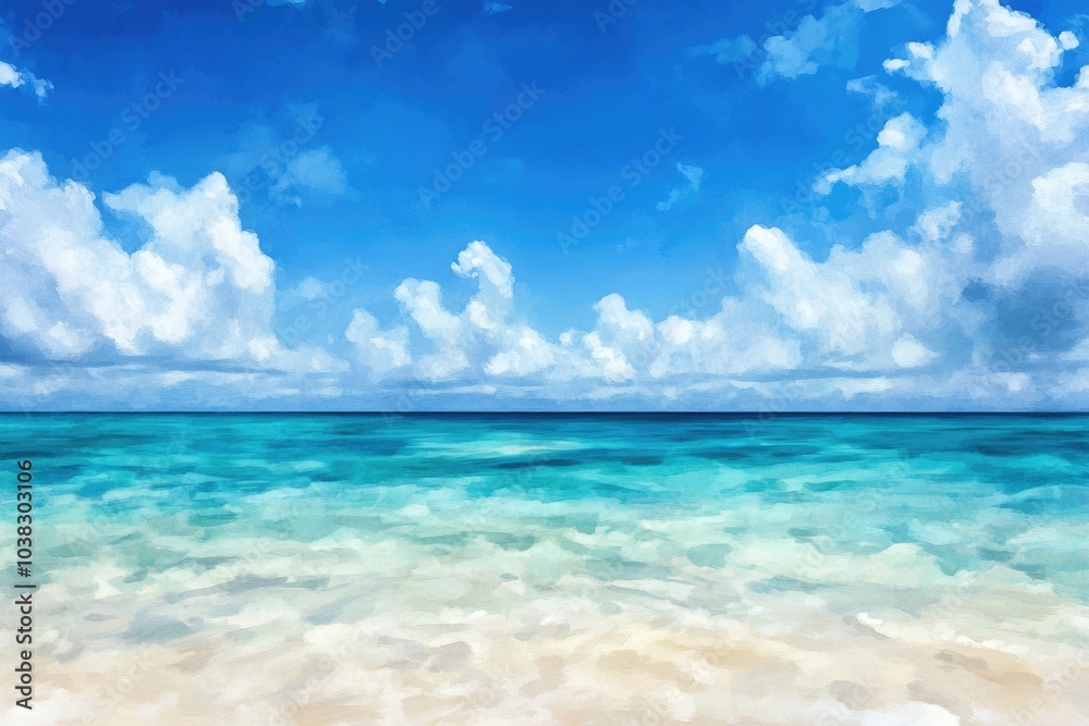 Tropical Oasis: Serene Watercolor Seascape with Blue Sky and White Sand Beach Tropical Oasis: Serene Watercolor Seascape with Blue Sky and White Sand Beach