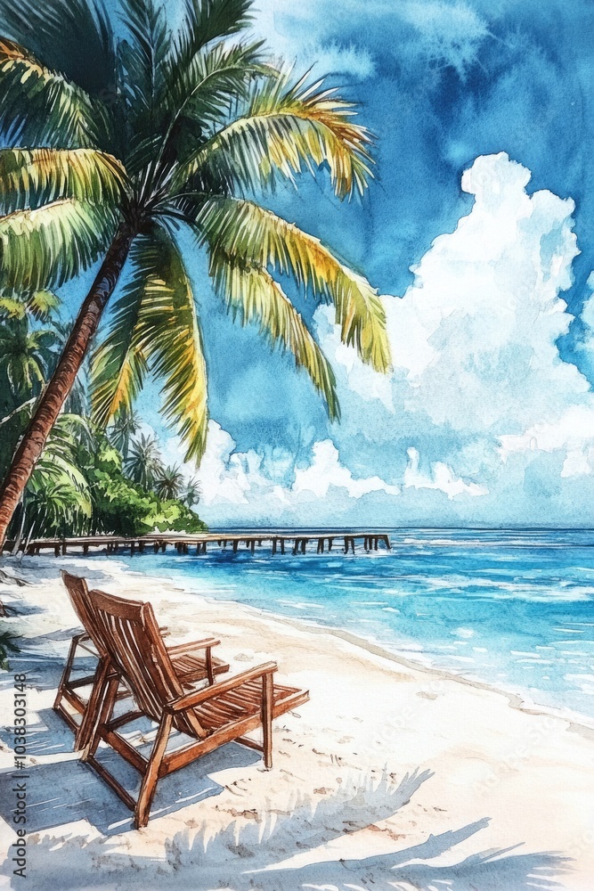 Tropical Paradise Escape. Watercolor Seascape with Sandy Beach and Palm Trees Tropical Paradise Escape. Watercolor Seascape with Sandy Beach and Palm Trees