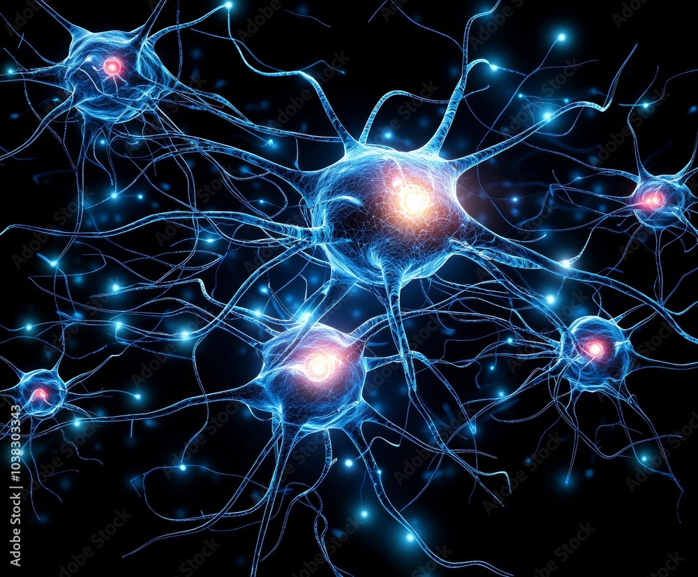 A vivid depiction of neurons interconnected by glowing fibers against a dark background, illustrating the complexity of the nervous system. A vivid depiction of neurons interconnected by glowing fibers against a dark background, illustrating the complexity of the nervous system.