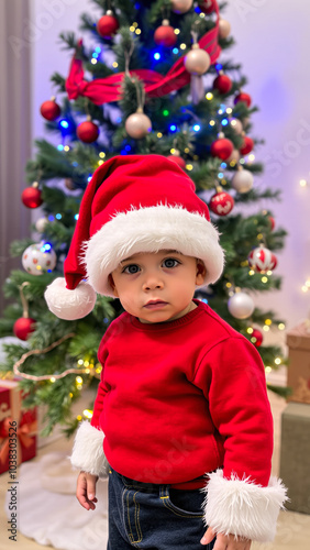 young boy a santa hat stands before a decorated christmas tree