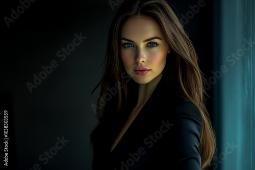 A beautiful woman with long brown hair and blue eyes, wearing an elegant black suit, is standing in the office