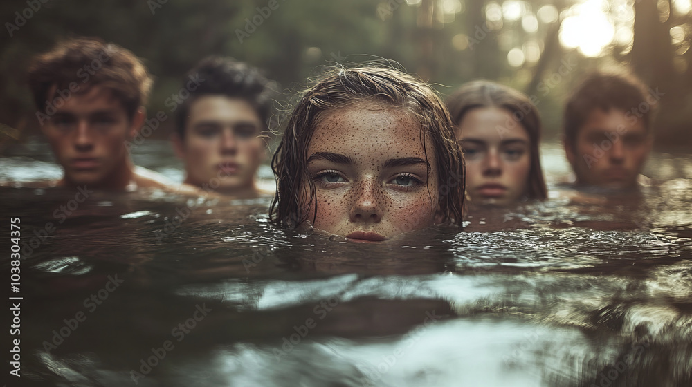 The water surface envelops four people, only their faces are visible above the water, a girl with freckles in the foreground creates a feeling of concentration. The water surface envelops four people, only their faces are visible above the water, a girl with freckles in the foreground creates a feeling of concentration.