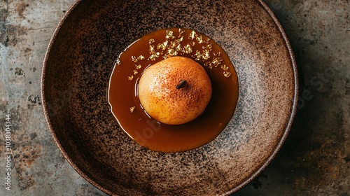 A gourmet plate featuring a single poached pear, dusted with cinnamon, surrounded by a pool of caramel sauce and edible gold flakes, from above