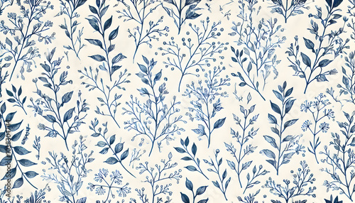 ブルーインクの繊細なボタニカルパターン、枝と葉のシームレスデザイン


