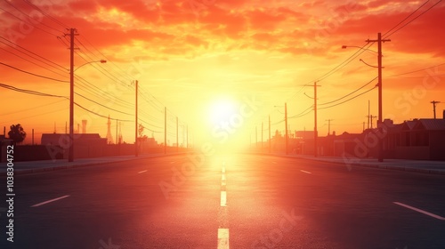 Sunset over a quiet road, with vibrant colors and shadows in the evening sky.