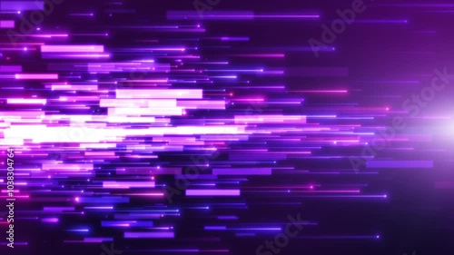 Dynamic square violet glowing line beams, Colorful glow light trail with particles background.