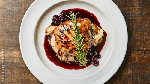 A refined plating of roasted pheasant with chestnut purée, cranberry reduction, and rosemary garnish, viewed from above photo