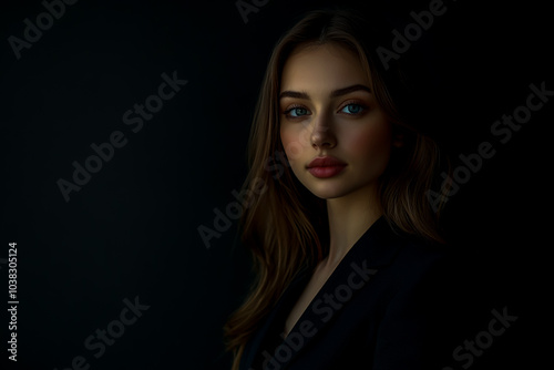 A beautiful young businesswoman in a suit, isolated against a dark background