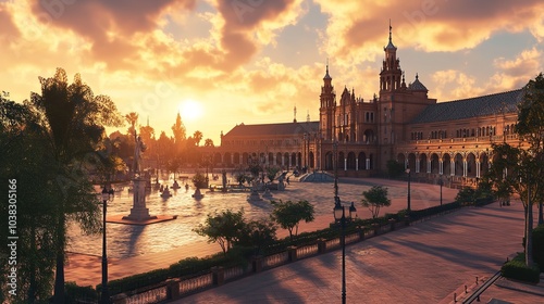 Seville, Spain - The Plaza de España (Spain Square) in Sunset 8K photo