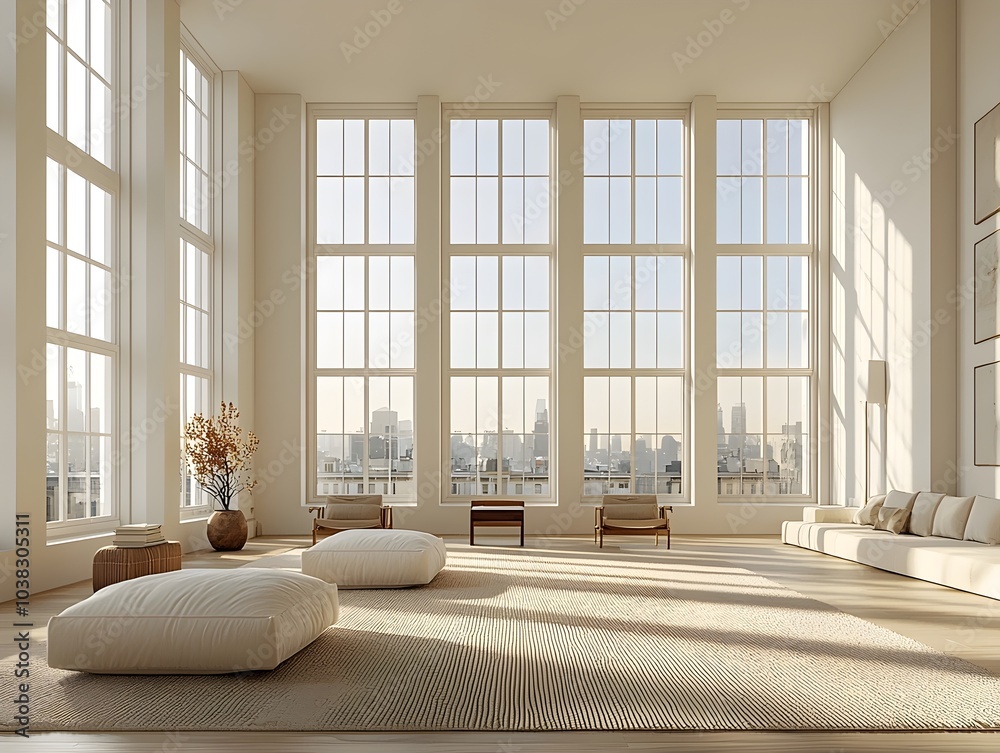 Fototapeta premium Bright and airy modern living room featuring large windows and minimalistic decor, perfect for relaxation and enjoying city views.