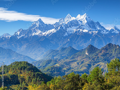 A panoramic view of the Himalayas with snow-capped peaks, surrounded by lush green forests and vibrant blue skies