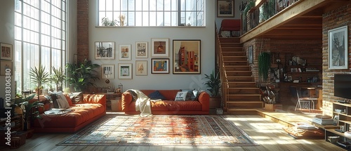 A cozy, modern living room featuring a bright orange sectional sofa, lush greenery, and stylish decor, illuminated by natural light streaming through large windows.