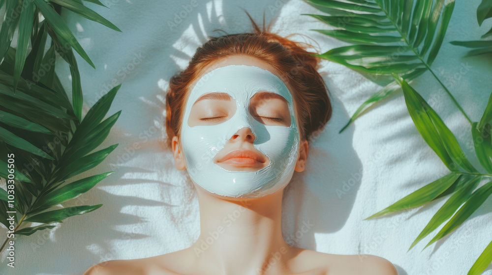 woman lying down with rejuvenating mask on her face, surrounded by lush green leaves, creates serene and tranquil atmosphere. soft lighting enhances peaceful vibe of scene woman lying down with rejuvenating mask on her face, surrounded by lush green leaves, creates serene and tranquil atmosphere. soft lighting enhances peaceful vibe of scene