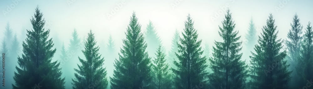 Obraz premium Tall evergreen trees in misty forest landscape.