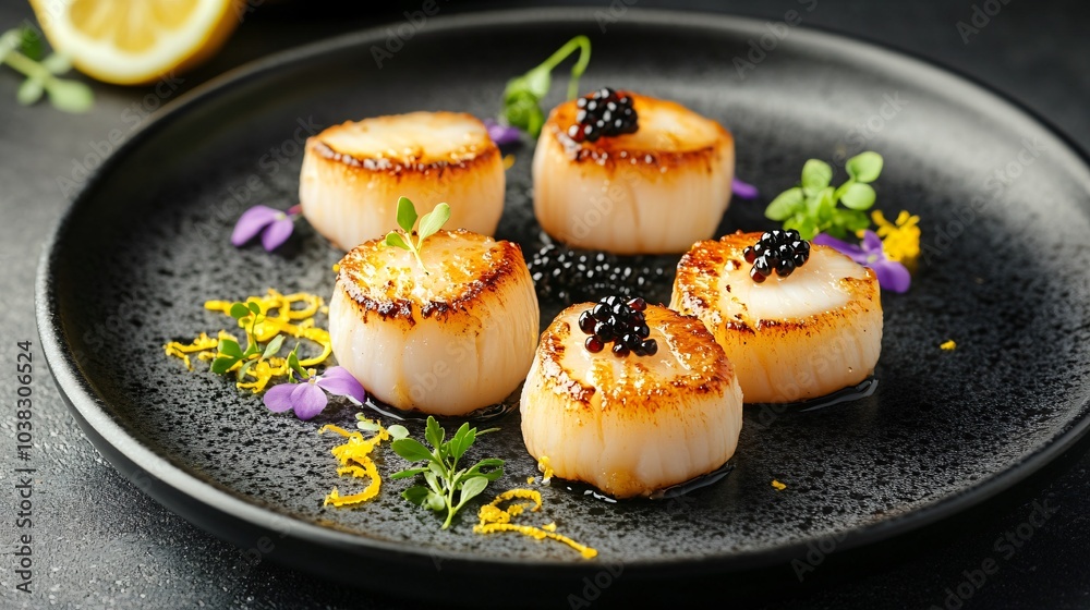 Top view of a seafood platter with seared scallops, lemon zest, edible flowers, and caviar on a sleek black ceramic plate Top view of a seafood platter with seared scallops, lemon zest, edible flowers, and caviar on a sleek black ceramic plate