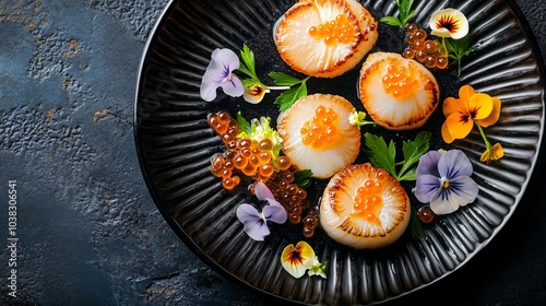 Top view of a seafood platter with seared scallops, lemon zest, edible flowers, and caviar on a sleek black ceramic plate