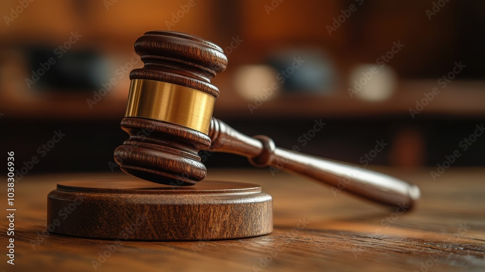 Legal gavel rests on a wooden block against a bright background during a court session Legal gavel rests on a wooden block against a bright background during a court session