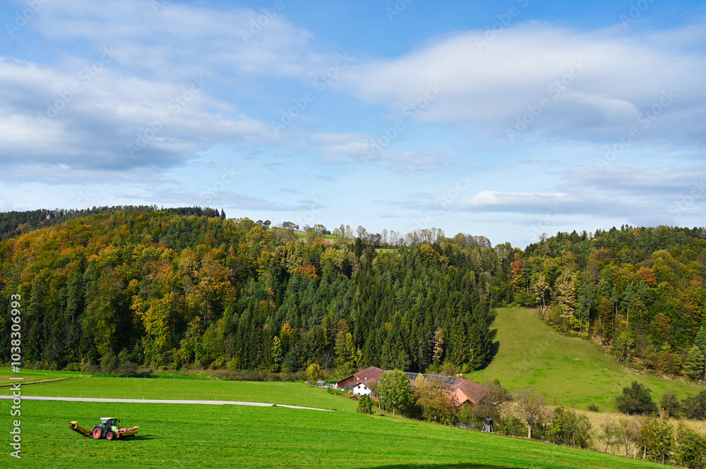 Fototapeta premium A tractor cuts hay on a field,lower austria,Austria