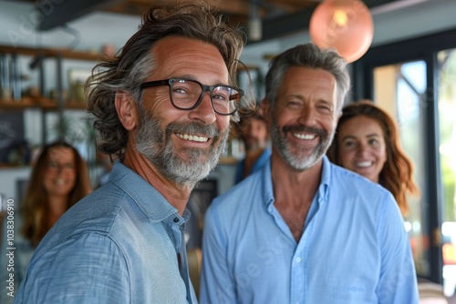 Portrait of a smiling senior businessman with his team in the background.