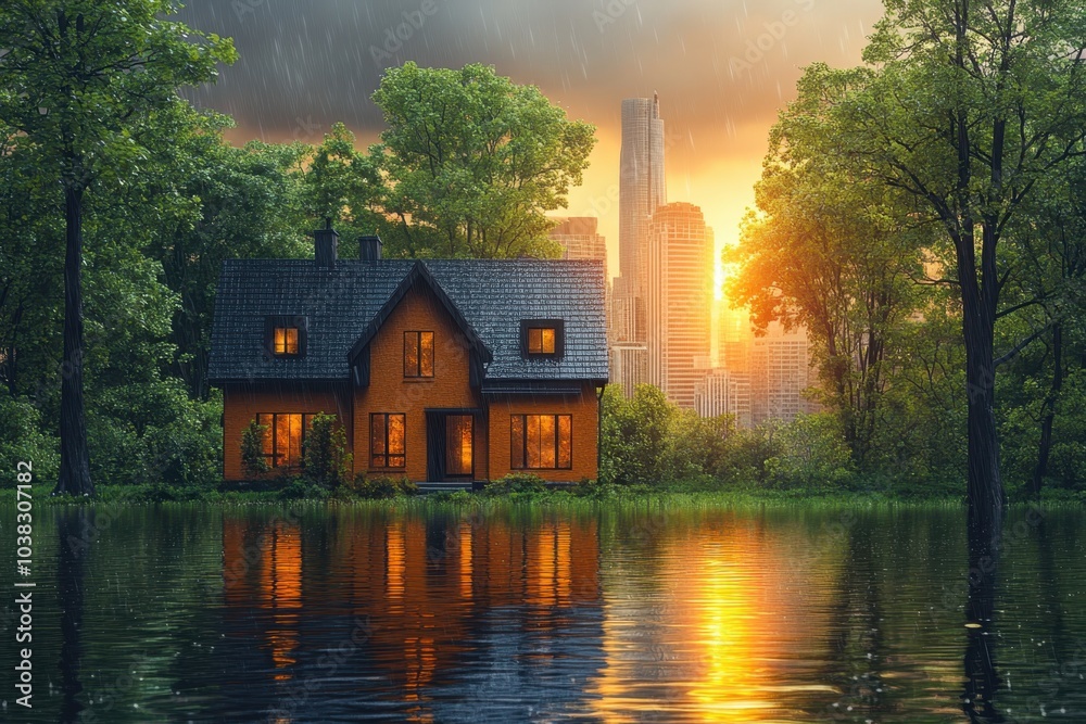 Fototapeta premium A cozy house by a tranquil lake amidst a vibrant city skyline at sunset