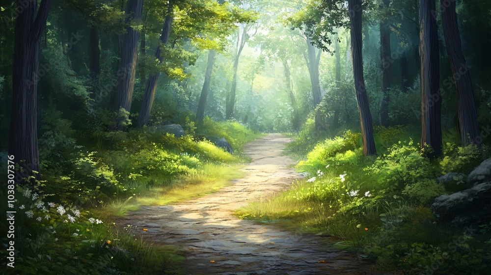 Obraz premium Tranquil Forest Pathway Surrounded by Nature Sounds
