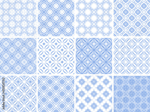 Set of Seamless Geometric Diagonal Light Blue Patterns. 