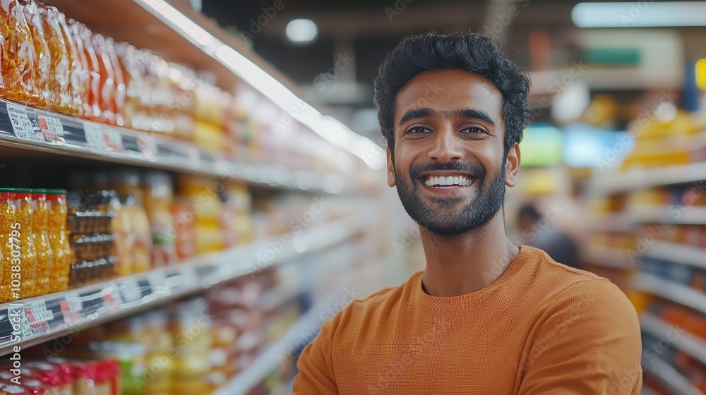 Smiling Indian Male in Blurred Grocery Image Smiling Indian Male in Blurred Grocery Image