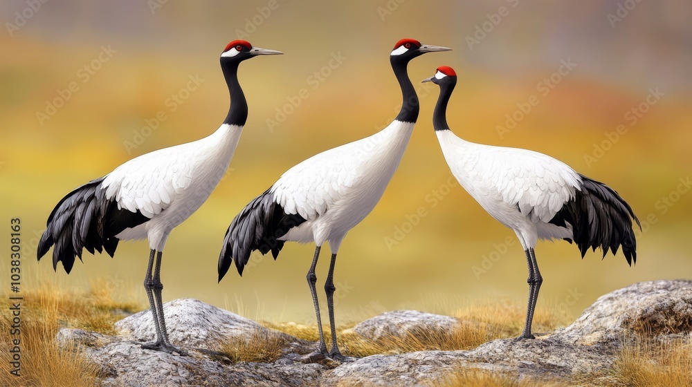 Fototapeta premium Three elegant cranes standing on rocks in a natural setting.