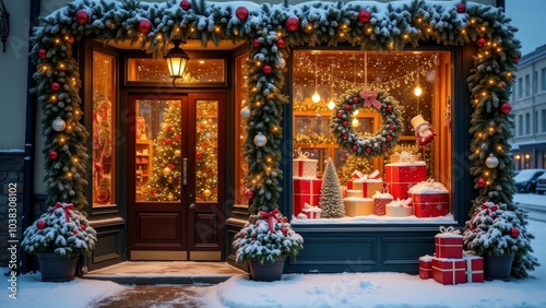 Festively decorated storefront adorned with holiday cheer in a quaint winter setting during the Christmas season