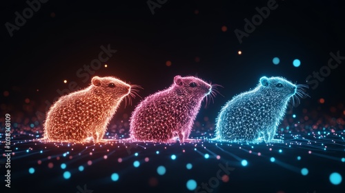 Three colorful glowing hamsters in a digital art style on a dark background.