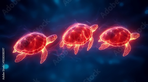 Three glowing sea turtles swimming in a vibrant digital ocean.