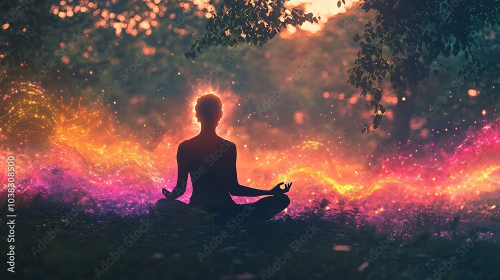 Serene Meditation in Nature with Vibrant Visual Waves