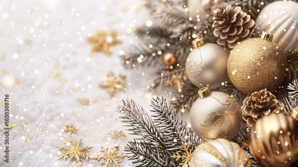 Elegant white and gold Merry Christmas background with Christmas element and empty copy space. New Year horizontal web banner, invitation with copy space. Christmas card for social media Elegant white and gold Merry Christmas background with Christmas element and empty copy space. New Year horizontal web banner, invitation with copy space. Christmas card for social media