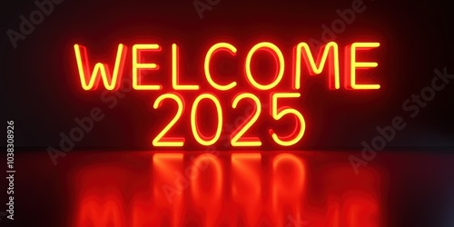 Vibrant neon sign displaying "WELCOME 2025," perfect for New Year celebrations, events, parties, and marketing campaigns promoting optimism for the upcoming year.