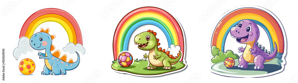 Obraz premium Cartoon dinosaurs and rainbows isolated on transparent background perfect for childrenâ€™s book illustrations or playful designs