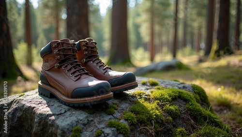 Rugged hiking boots on mossy boulder in sunlit forest