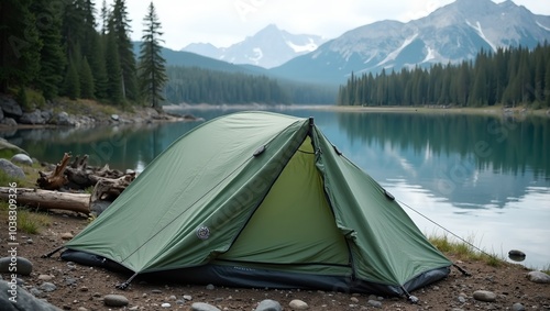 Tranquil tent by serene lake with mountain reflection