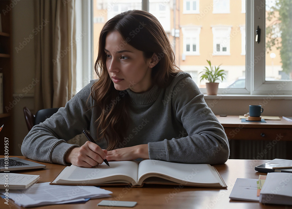 Thoughtful student writing notes in a notebook at a study desk with a cozy atmosphere
Thoughtful student writing notes in a notebook at a study desk with a cozy atmosphere