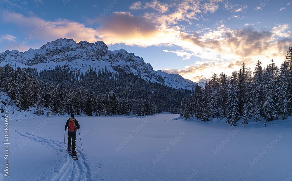 Snowshoeing in the Winter Landscape at Sunset – A Person Wearing Snowshoes Snowshoeing in the Winter Landscape at Sunset – A Person Wearing Snowshoes