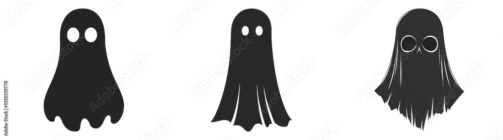Ghost icons in black and white isolated on transparent background perfect for Halloween designs or spooky-themed illustrations