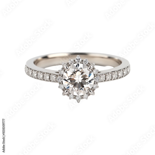 Silver ring with diamonds on transparent background. Wedding ring . Jewerly