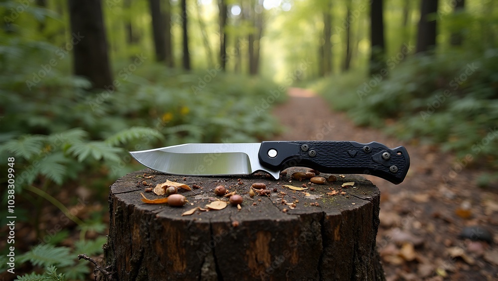 Versatile survival knife on tree stump in forest with sunlight reflection Versatile survival knife on tree stump in forest with sunlight reflection