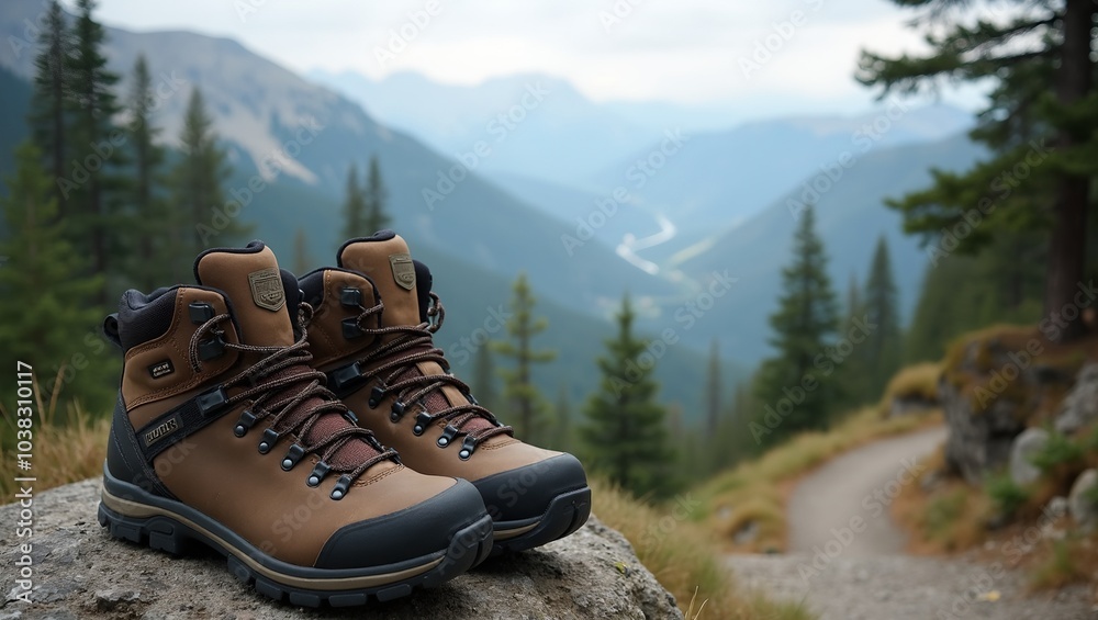 Durable hiking boots on mountain trail with scenic valley view Durable hiking boots on mountain trail with scenic valley view