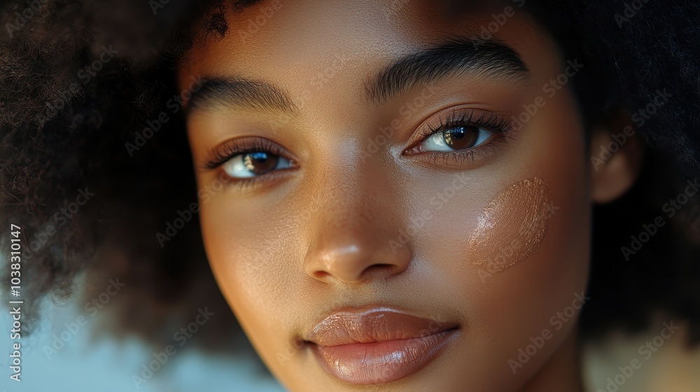 Closeup portrait of a woman applying dry cosmetic tonal foundation on the face using makeup brush Closeup portrait of a woman applying dry cosmetic tonal foundation on the face using makeup brush
