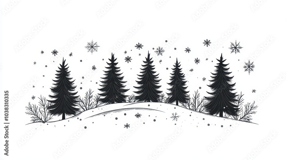 Obraz premium Minimalist christmas line art. Winter forest illustration