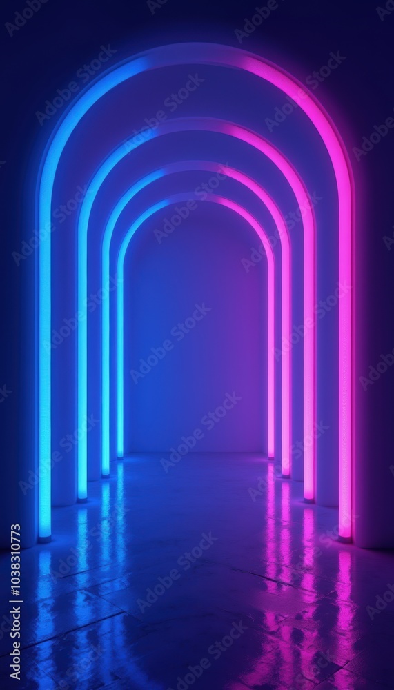 A stunning corridor illuminated by neon pink and blue lights, creating a captivating and futuristic atmosphere ideal for creative projects, events, or modern interior design.