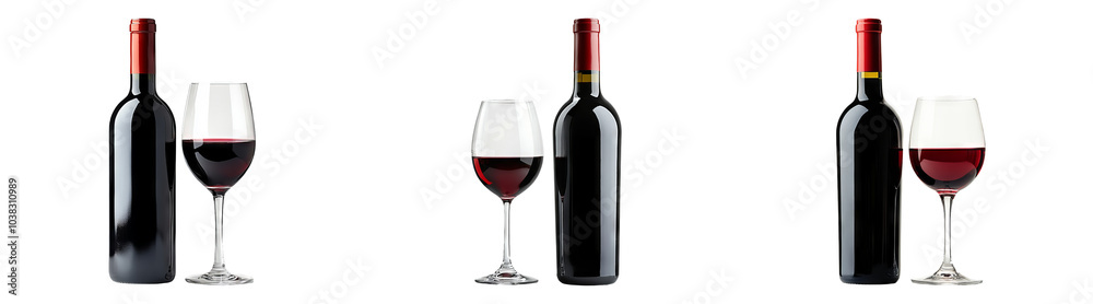Red wine bottles and glasses isolated on transparent background perfect for beverage product advertisements or wine packaging designs Red wine bottles and glasses isolated on transparent background perfect for beverage product advertisements or wine packaging designs