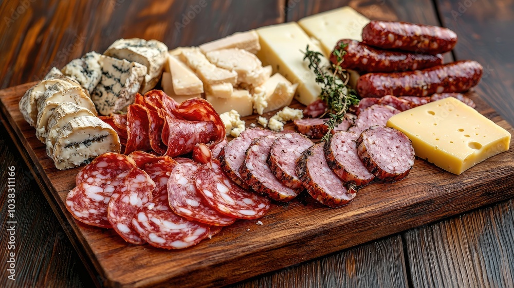sausage and cheese slices on a board. selective focus sausage and cheese slices on a board. selective focus